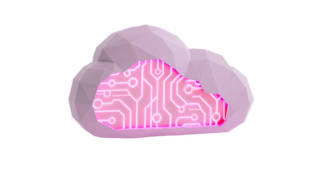 Low poly pink cloud with glowing pink circuit board inside, isolated on transparent background