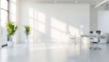 Fototapeta premium Bright Modern Office Interior with Blurry Background and Green Plants