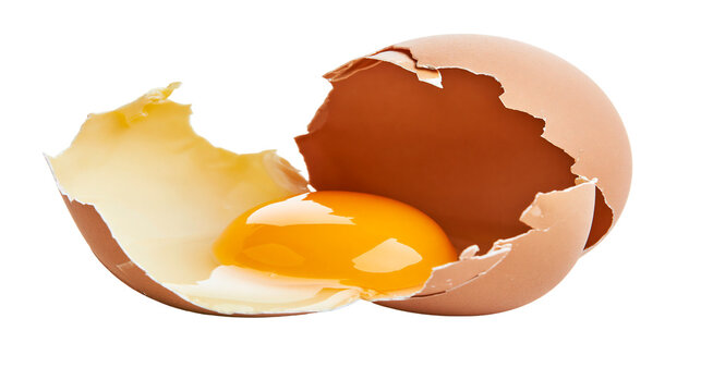 Cracked brown chicken egg with bright yellow yolk, isolated on transparent background