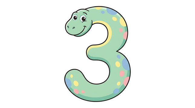 Friendly cartoon dinosaur shaped number three character illustration for early childhood education with against white background colorful spots
