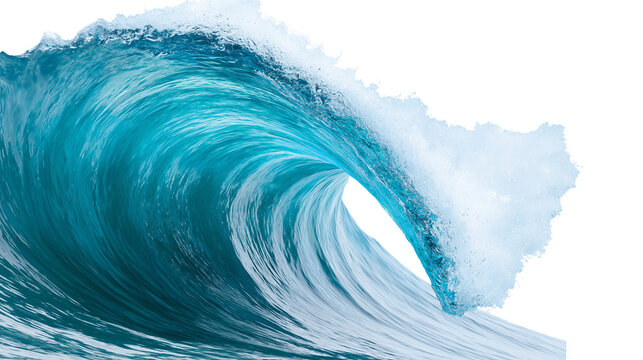 Powerful turquoise ocean wave curling and breaking, isolated on transparent background