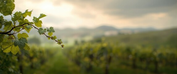 Obraz premium Grapevine Leaves in a Vineyard with Soft Focused Hills in the Background
