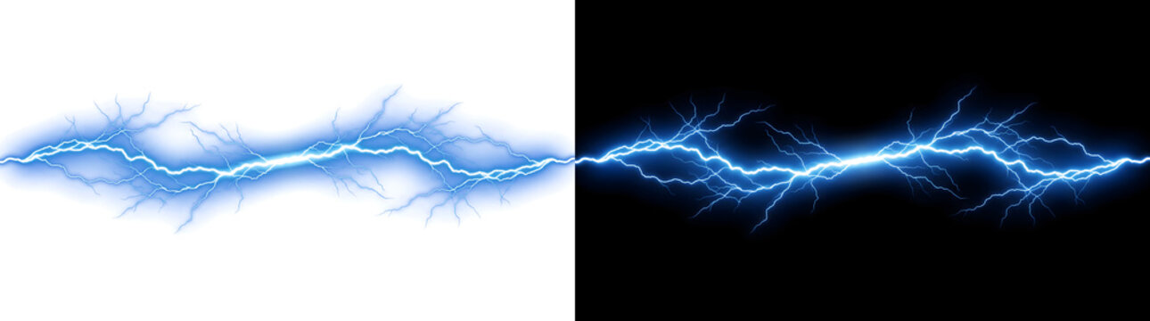 Blue lightning electric arc stretching horizontally with dense branching sparks across the frame for cinematic design projects in PNG, Transparent and Black Background Versions