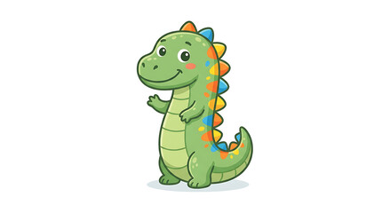 Fototapeta premium Cute green cartoon baby dinosaur with colorful spikes waving hand with dinosaur character multicolored standing white background displays cheerful green