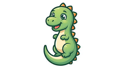 Fototapeta premium Cute green cartoon dinosaur character smiling with orange spikes on white background with cheerful green entertainment illustration prehistoric