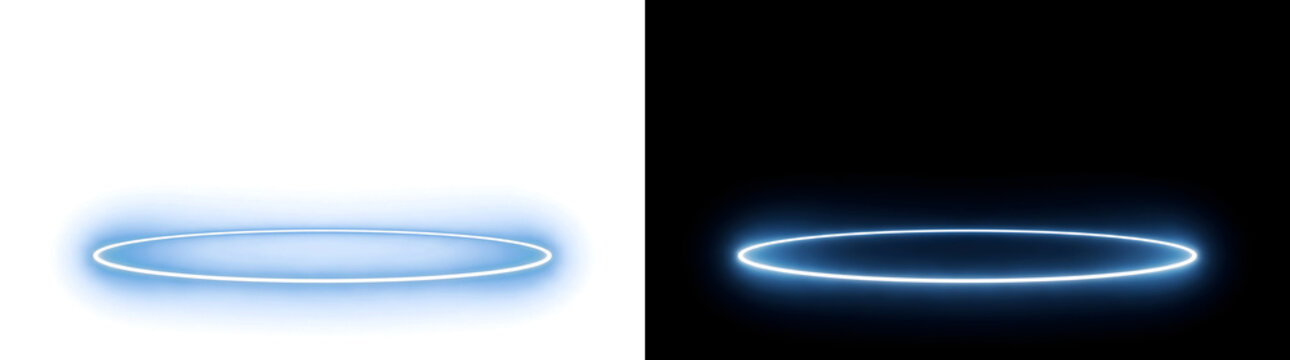 Blue neon oval ring glowing with a flat elliptical shape for a floating platform effect in futuristic technology designs in PNG, Transparent and Black Background Versions