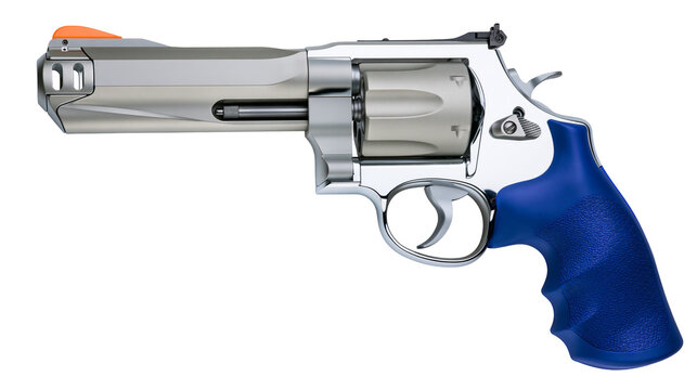 Shiny chrome revolver with blue grip and orange sight, isolated on transparent background