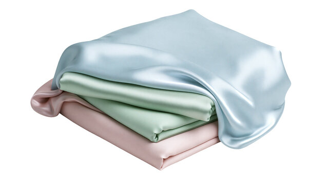 Stack of pastel silk sheets light blue mint green and pink, isolated on transparent background