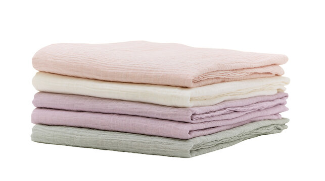 Stack of soft pastel colored muslin cloths, isolated on transparent background