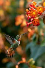 Fototapeta premium hummingbird in flight capturing nature’s delicate beauty, vibrant hummingbird hovering near flowers in a natural habitat, closeup view of a graceful hummingbird with colorful feathers