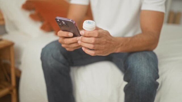 Man on bed holding smartphone and pill bottle while fingers tap screen in bedroom; medication decision concern.