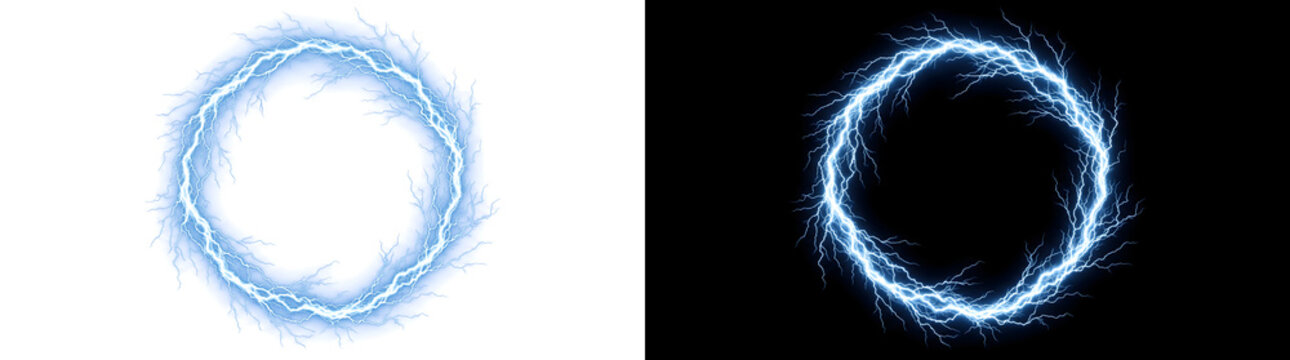 Electric lightning ring forming a crackling circular frame of dense blue energy currents for cinematic design projects in PNG, Transparent and Black Background Versions