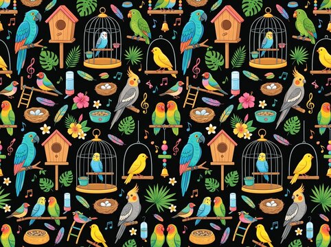 Tropical Birds And Birdhouses Seamless Pattern