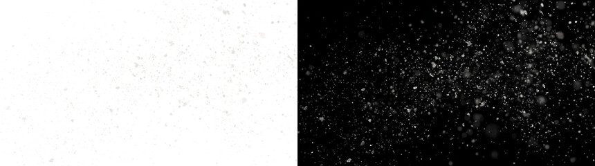 Falling snow dust particles scattered across the frame with soft bokeh dots for winter design projects in PNG, Transparent and Black Background Versions © Nyxthrasza