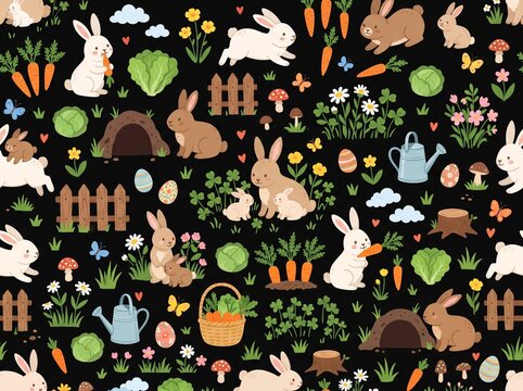 Easter Bunnies Garden Spring Holiday Seamless Pattern