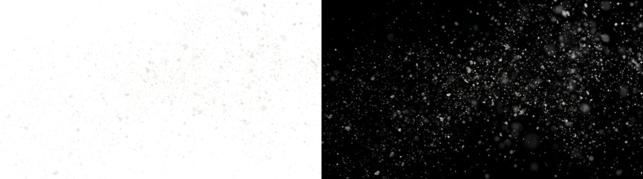 Falling snow dust particles scattered across the frame with soft bokeh dots for winter design projects in PNG, Transparent and Black Background Versions