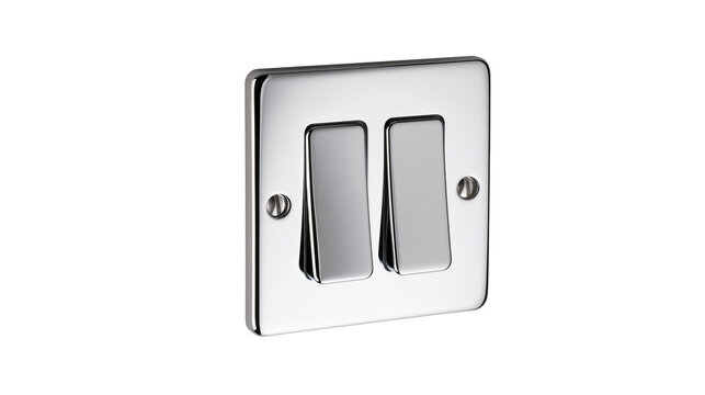 Polished chrome double light switch plate with two rocker toggles, isolated on transparent background