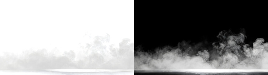 Fototapeta premium Floor smoke fog rolling across a reflective surface with soft billowing mist along the horizon for cinematic design projects in PNG, Transparent and Black Background Versions