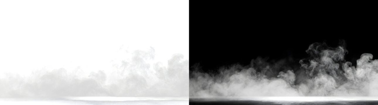 Floor smoke fog rolling across a reflective surface with soft billowing mist along the horizon for cinematic design projects in PNG, Transparent and Black Background Versions