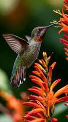 Naklejka premium hummingbird in flight capturing nature’s delicate beauty, vibrant hummingbird hovering near flowers in a natural habitat, closeup view of a graceful hummingbird with colorful feathers