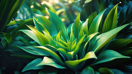 Fototapeta premium Lush Green Plant Leaves in Soft Natural Light with Bluish Tones