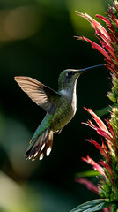 Naklejka premium hummingbird in flight capturing nature’s delicate beauty, vibrant hummingbird hovering near flowers in a natural habitat, closeup view of a graceful hummingbird with colorful feathers