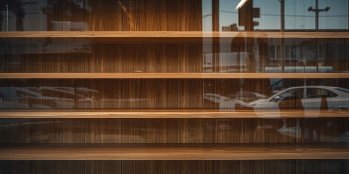 Empty Wooden Shelves with Reflection of Urban Scene in a Storefront