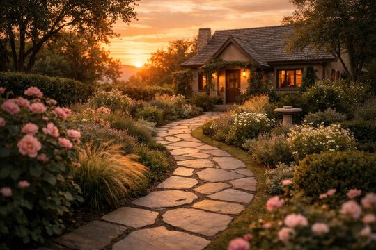 Charming cottage garden pathway sunset.