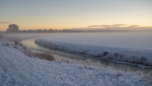 Snowy Riverbank at Dawn with Frosty Landscape and Misty Background