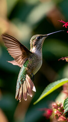 Naklejka premium hummingbird in flight capturing nature’s delicate beauty, vibrant hummingbird hovering near flowers in a natural habitat, closeup view of a graceful hummingbird with colorful feathers
