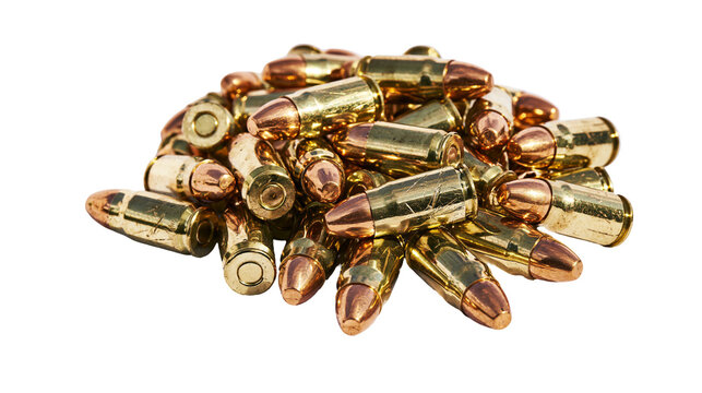 Pile of brass and copper bullets, isolated on transparent background
