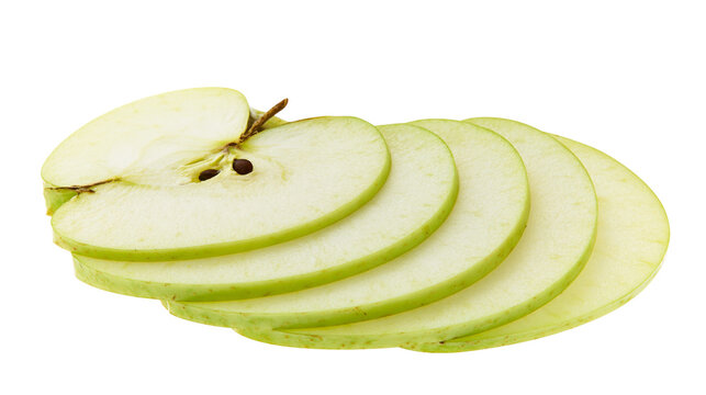 Green apple slices with visible seeds, isolated on transparent background
