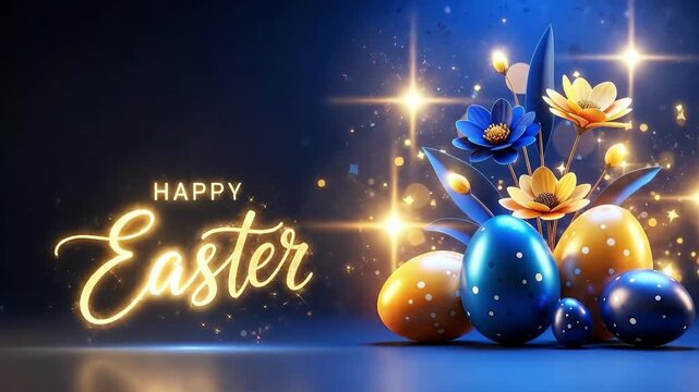 Happy Easter glowing calligraphy text with decorative eggs and springtime flowers. Holiday greeting card design.