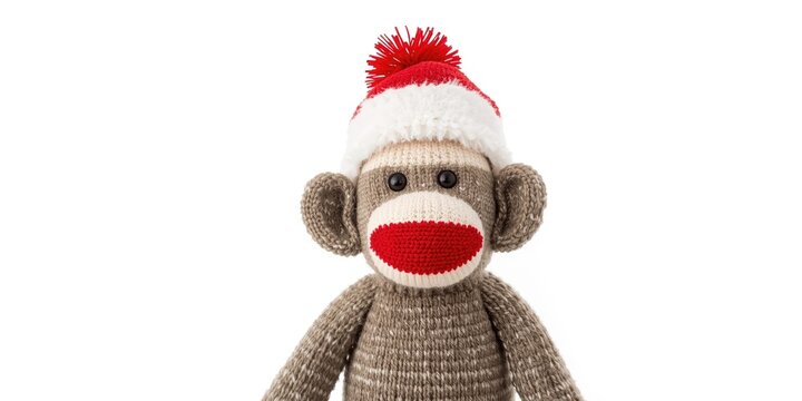 Knitted Sock Monkey Wearing a Santa Hat Isolated on White