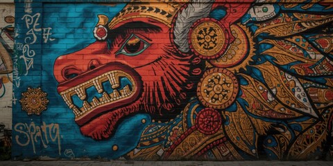 Obraz premium Colorful Mural of a Mythical Creature with Intricate Patterns on a Brick Wall