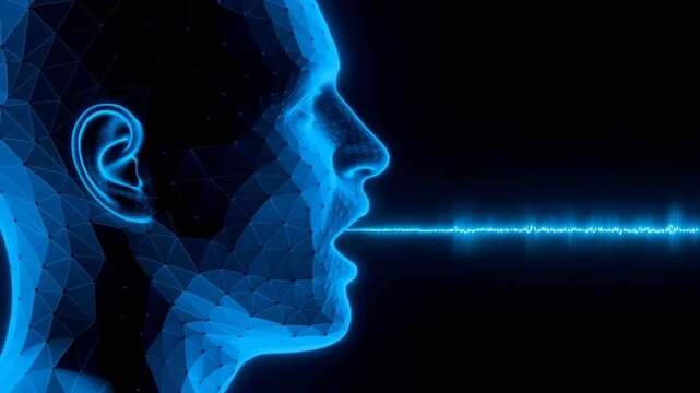 A glowing blue digital wireframe head speaks, emitting a sound wave visualization stream from its open mouth.