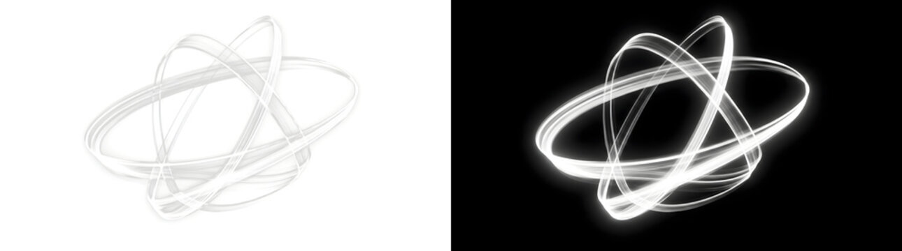 Light trails swirling into a glowing abstract atom shape for technology designs in PNG, Transparent and Black Background Versions