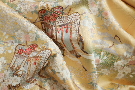 Traditional Japanese Kimono Fabric with Gosho Carriage and Cherry Blossom Pattern