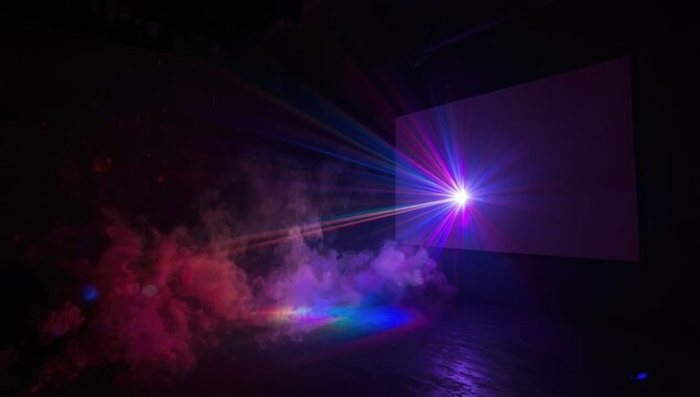 Colorful Laser Light Show Projecting onto a Blank Screen with Smoke Effects