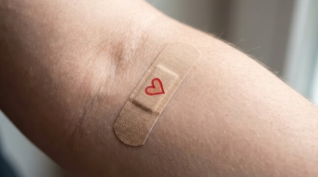 Closeup of small adhesive bandage with red heart on inner arm after blood donation for world blood donor day poster background and volunteer awareness