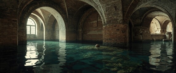 Fototapeta premium Abandoned Underground Room with Water Reflections and Arched Brick Walls