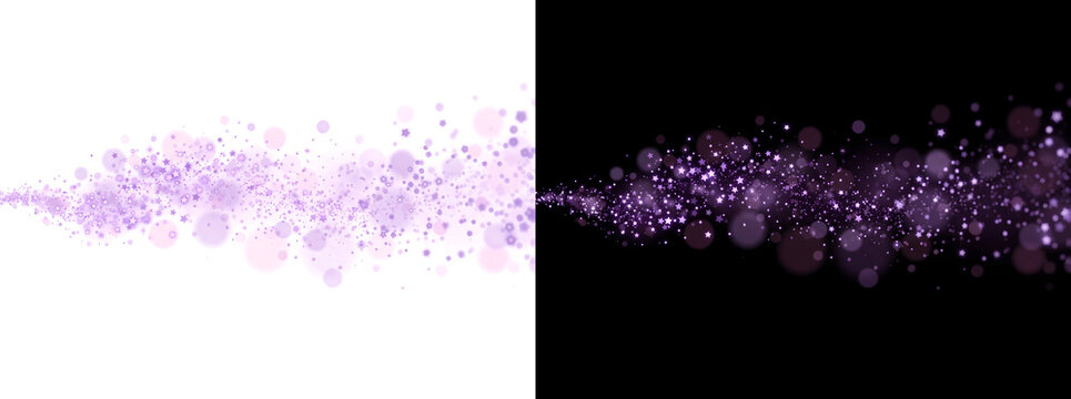 Purple bokeh stars and sparkles flowing in a magical wave across the frame for festive design projects in PNG, Transparent and Black Background Versions