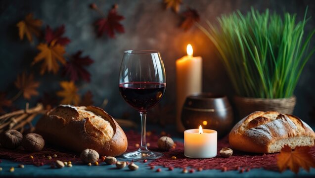 Glass of Red Wine with Bread and Candle on a Rustic Table in Fall Decor