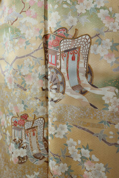 Traditional Japanese Kimono Fabric with Gosho Carriage and Cherry Blossom Pattern