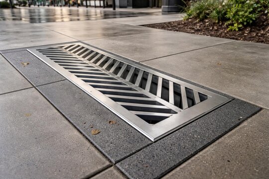 Metal Drain Grate Installed on Modern Sidewalk in Urban Environment