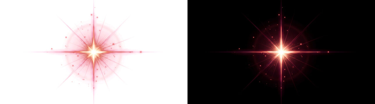 Red and orange star light flare bursting with radiant sparkle rays and a fiery glowing lens effect for cinematic design projects in PNG, Transparent and Black Background Versions