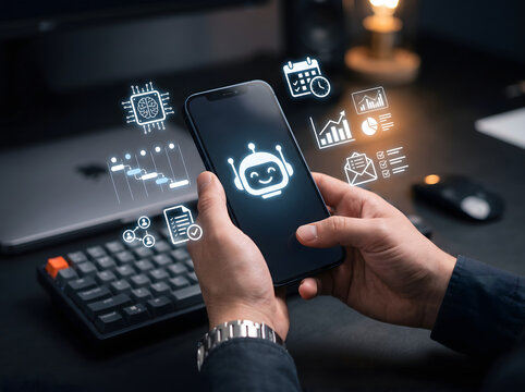 Businessman hands holding smartphone with glowing artificial intelligence chatbot and digital icons interface
