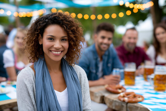 Smiling woman with curly hair wearing a gray scarf poses in front of friends at an outdoor gathering with beer and pretzels on a wooden table