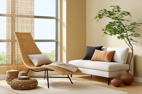 Afrohemian Decor. Modern interior design featuring a stylish rattan lounge chair and a white sofa with decorative cushions, complemented by a potted plant and natural light from large windows