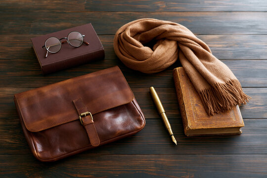 Poetcore. Brown leather messenger bag, vintage book, golden pen, scarf, and round glasses arranged on a wooden surface, creating an elegant workspace aesthetic
